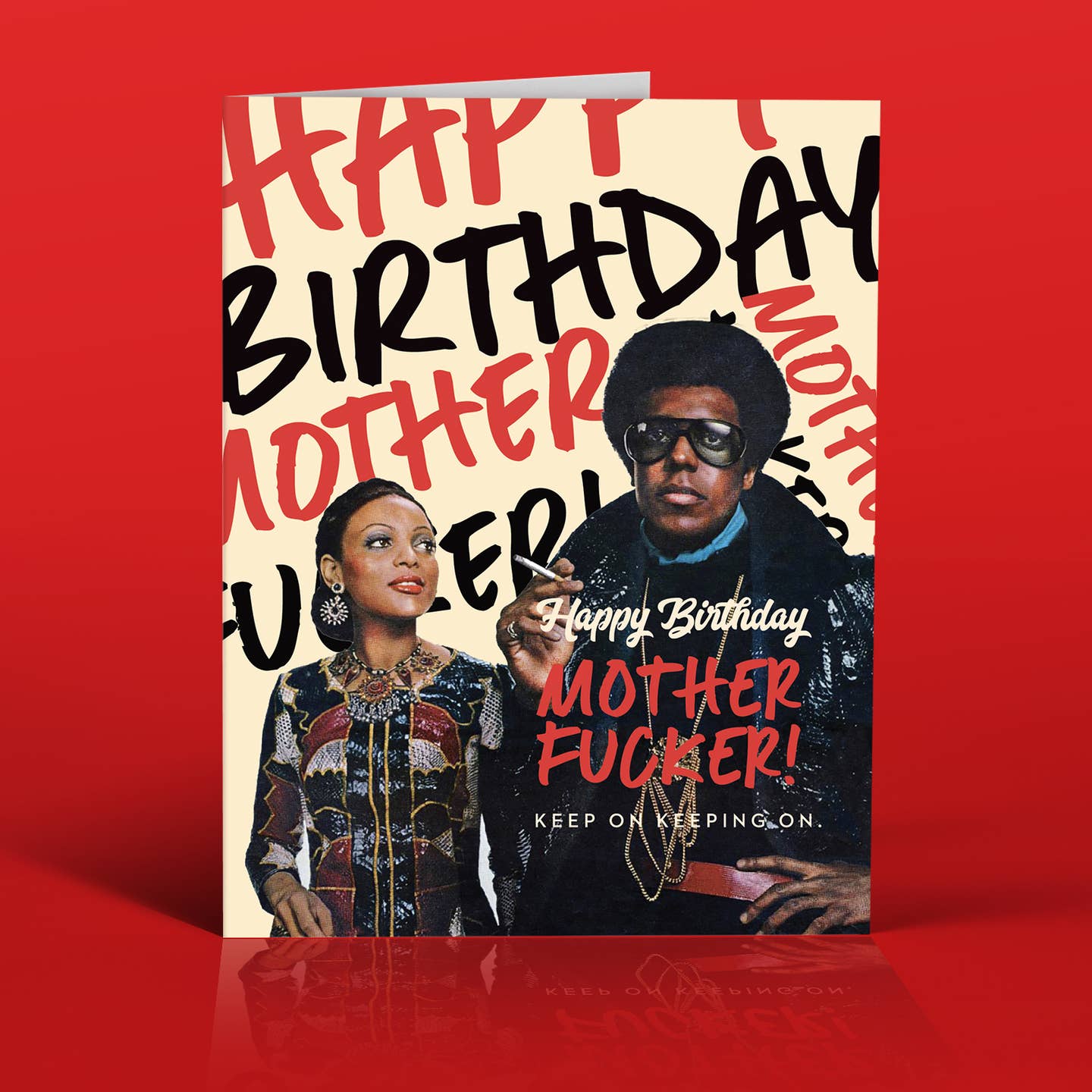 Birthday greeting bag with bold 'Happy Birthday' text and illustrated couple portrait