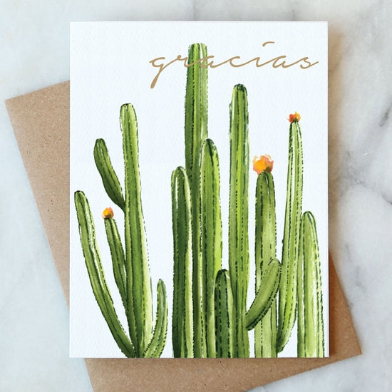 Gracias greeting card with green cactus illustration and orange blossoms, white border