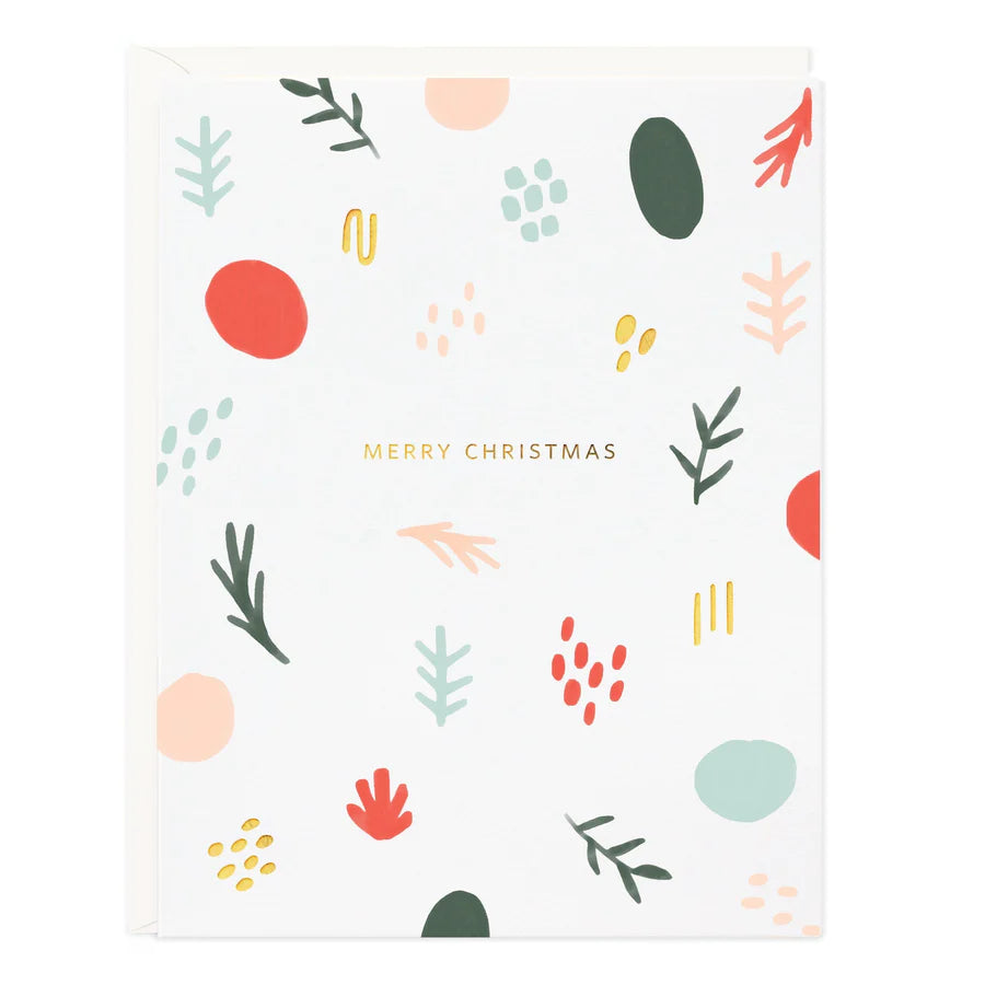 Merry Christmas holiday card with colorful winter leaf and snowflake pattern