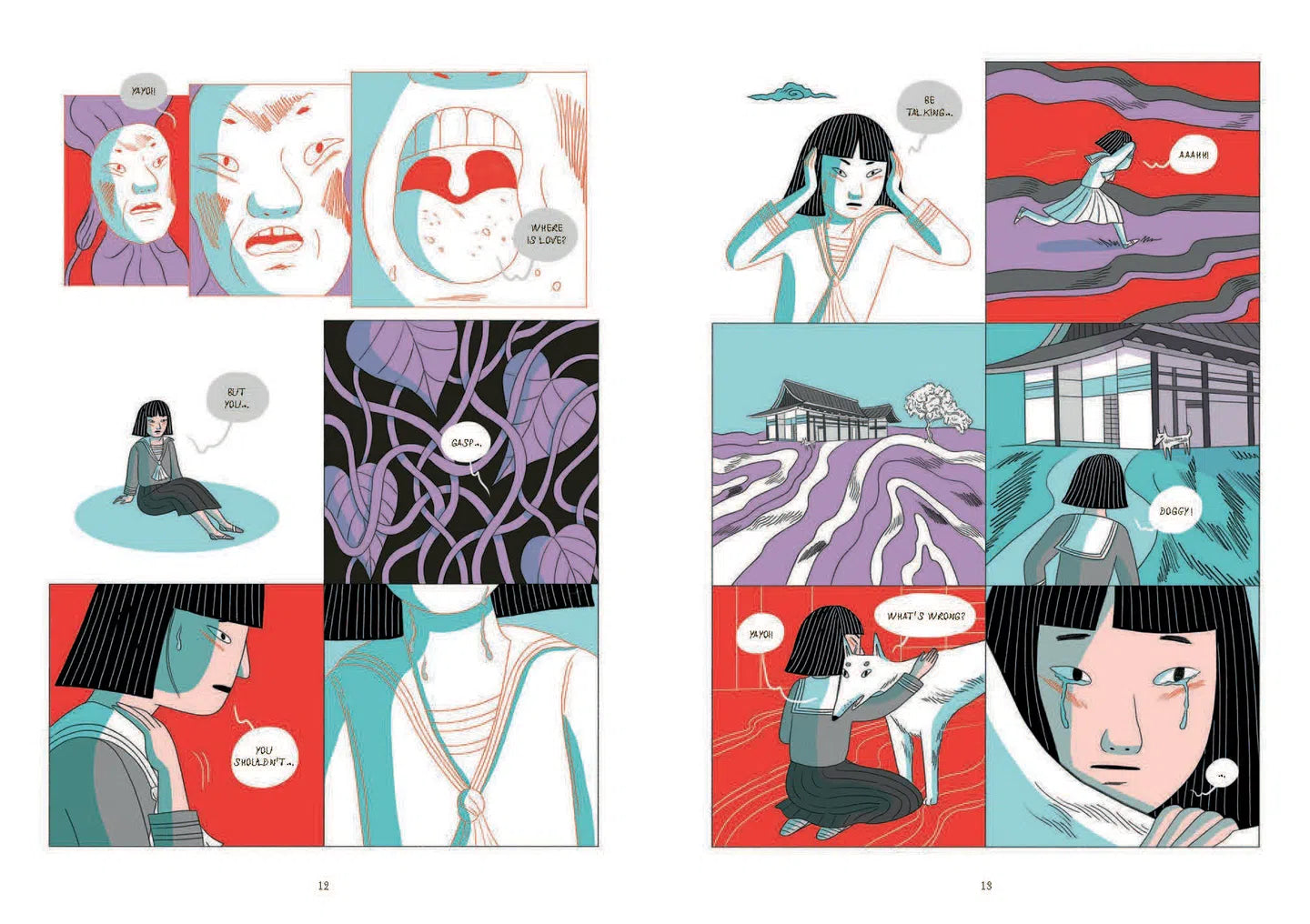 Comic page layout with illustrated faces, figures, and abstract polka-dot patterns