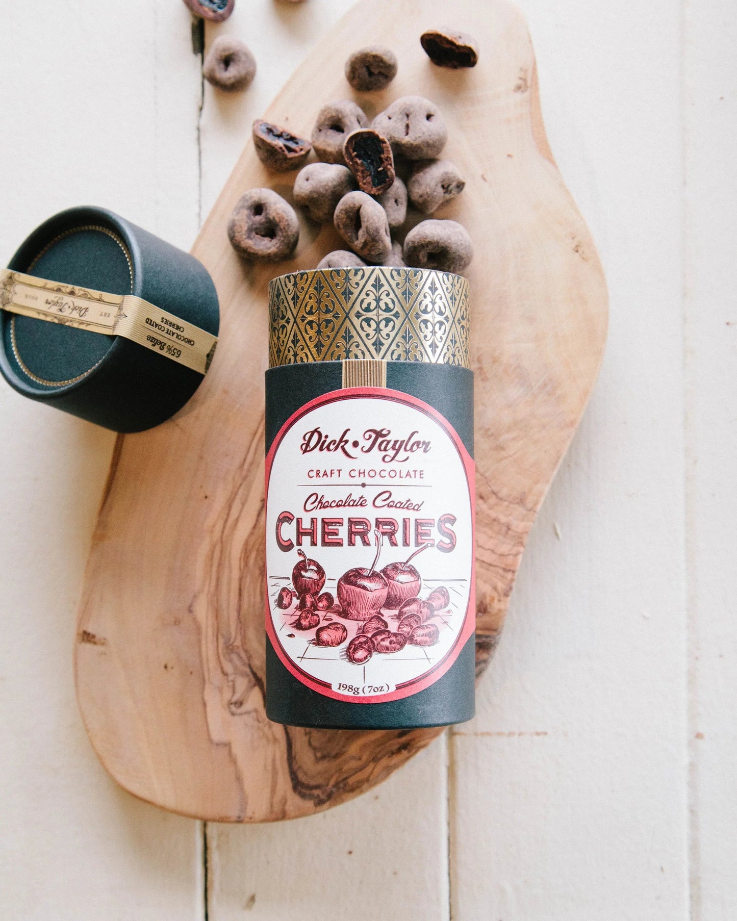 Dick Taylor chocolate-coated cherries tin with cocoa-dusted cherries