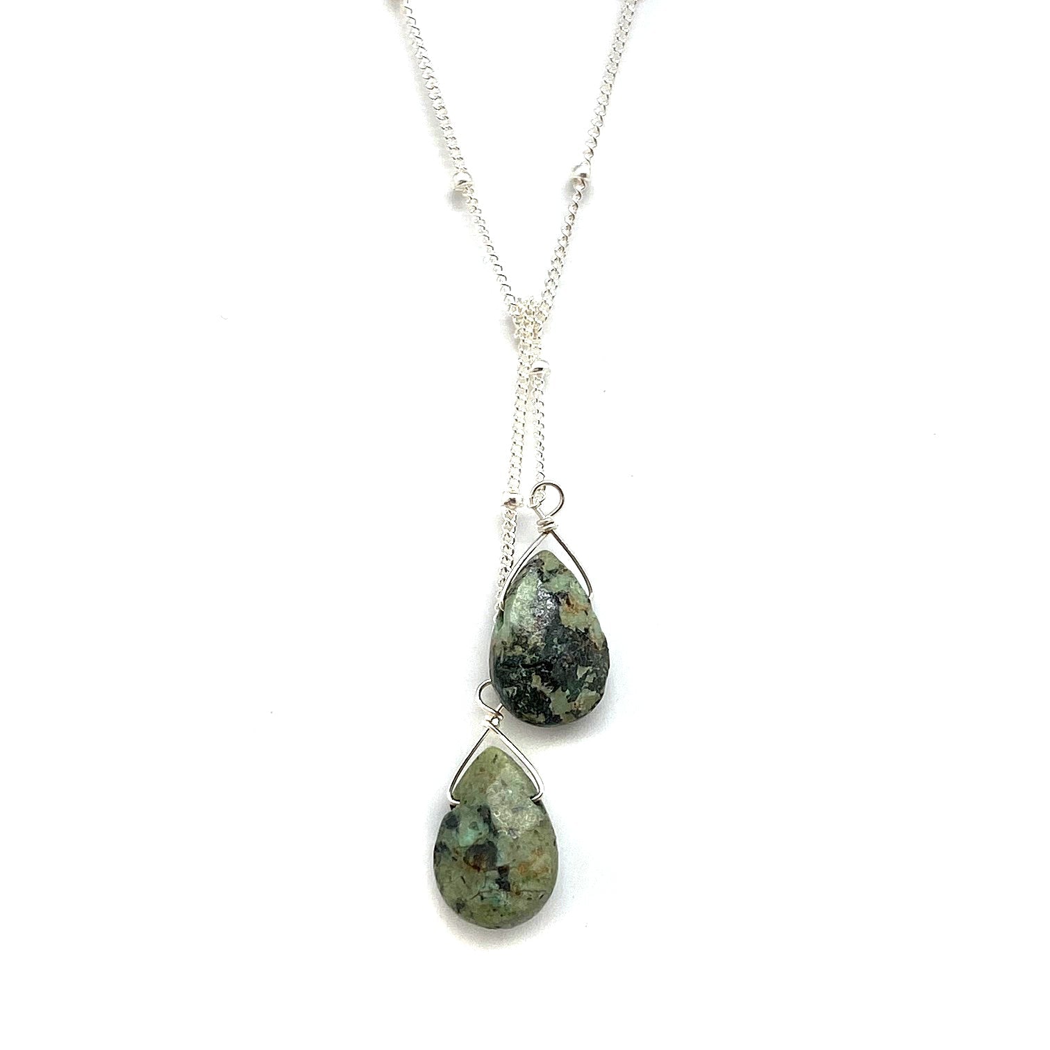 Sterling silver lariat necklace with two dark green teardrop stones