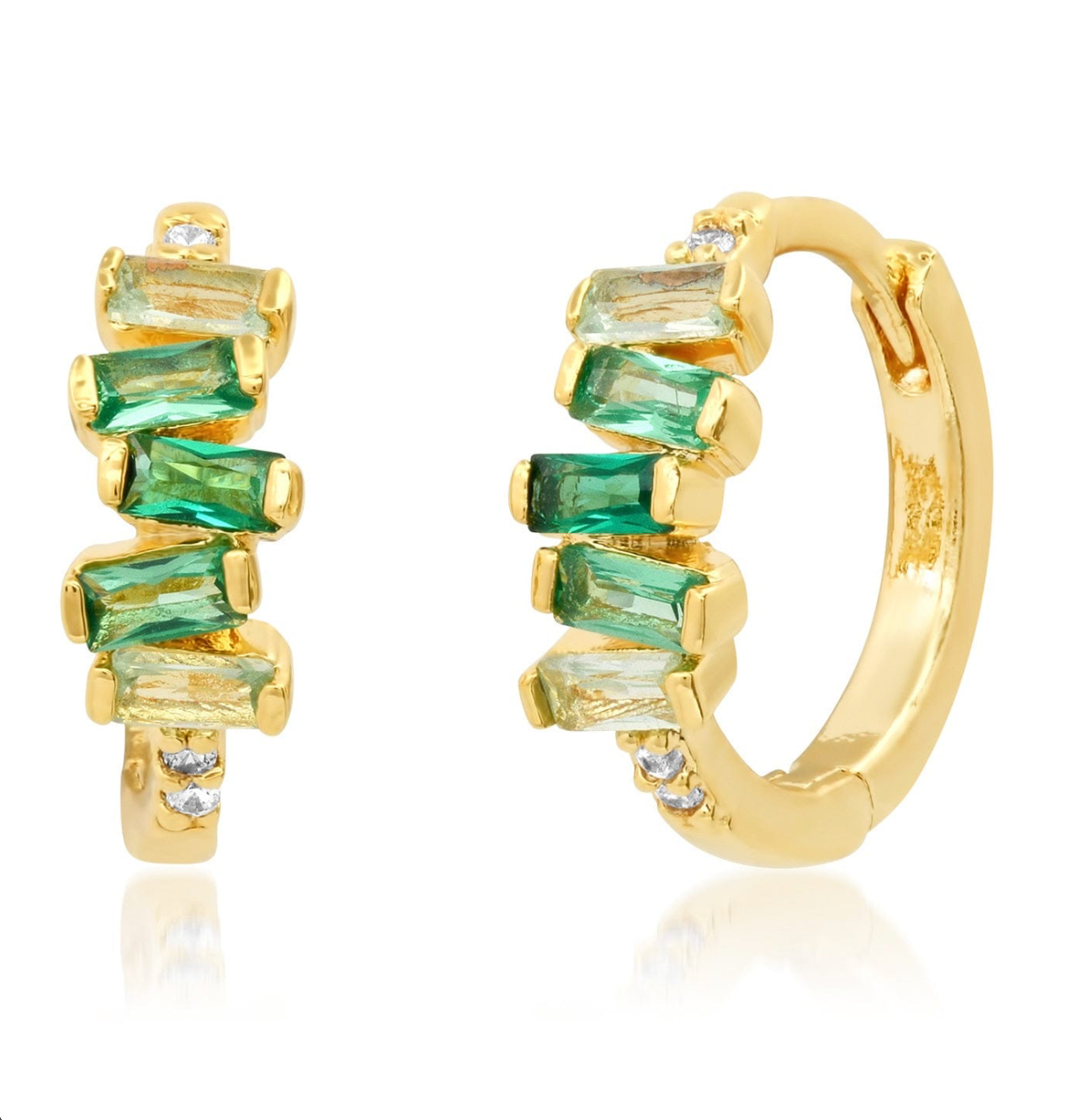 Gold-tone stacked baguette huggie earrings with green baguette stones and small clear accents