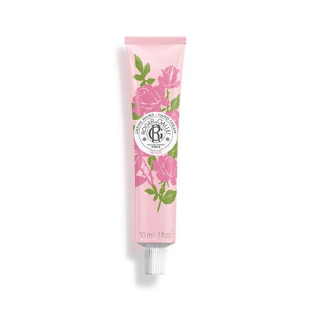 Rose hand and nail cream tube, pink with rose graphics, 1 fl oz size