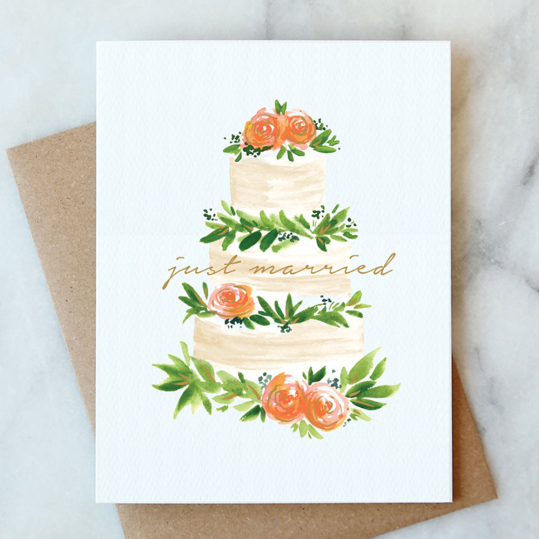 Wedding cake greeting card with roses, green leaves, and “Just Married” text