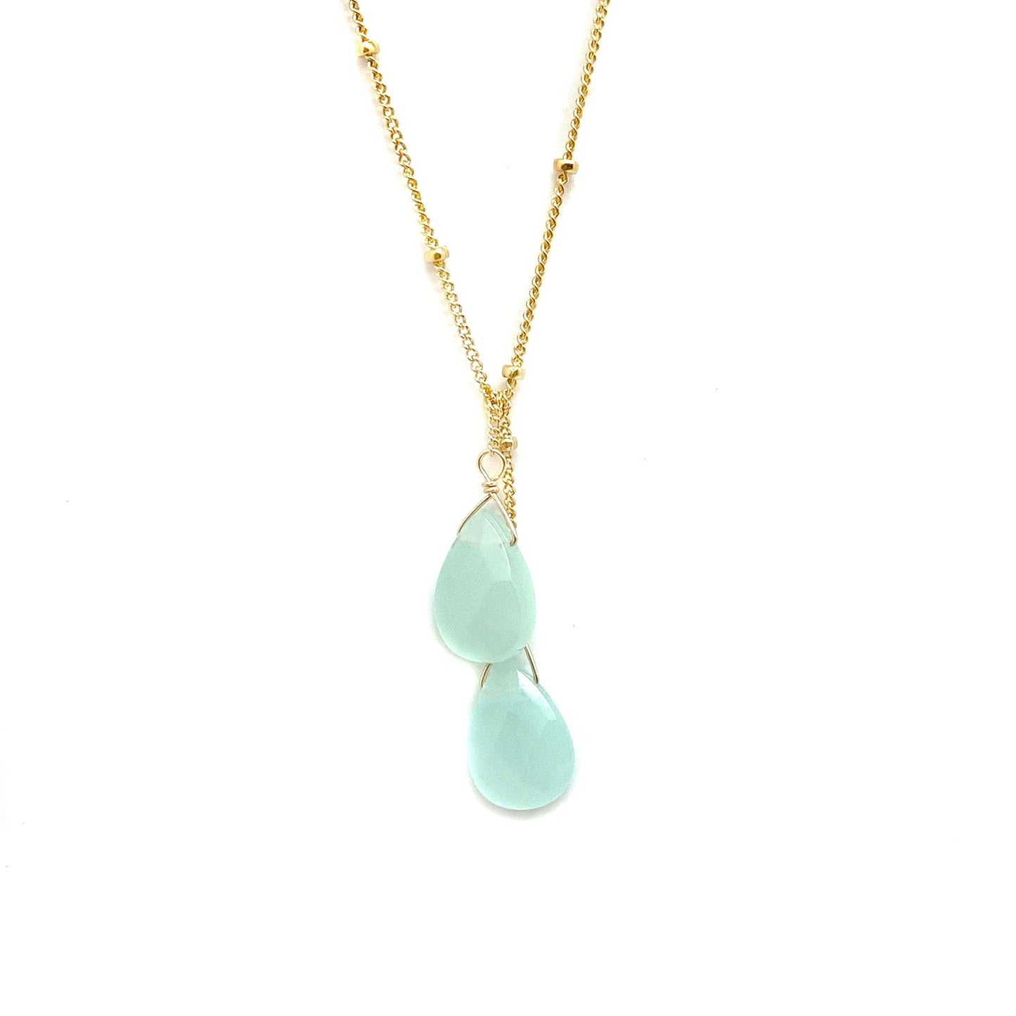 Gold-filled lariat necklace with two mint teardrop stone drops