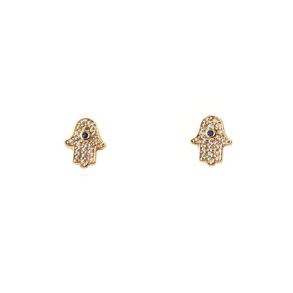 Gold-tone CZ Hamsa stud earrings with blue center eye details