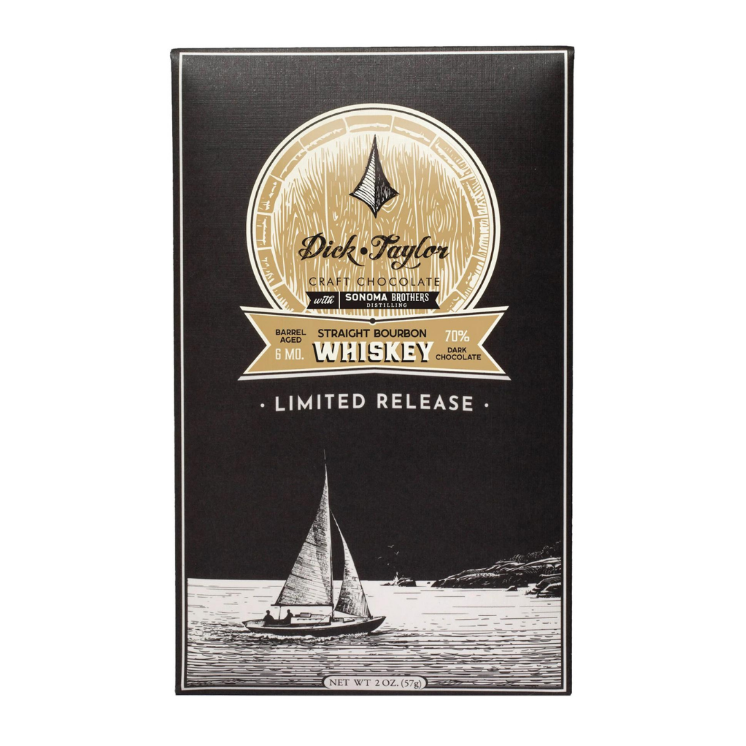 Limited release dark chocolate gift box with Dick Taylor seal and bourbon whiskey label