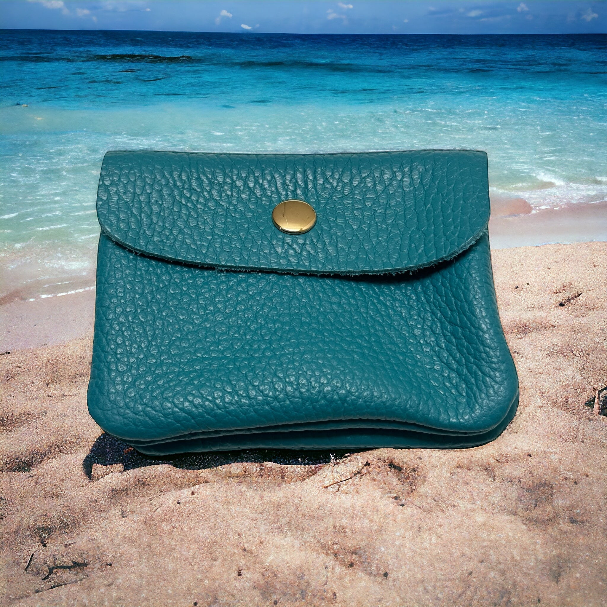 Turquoise pebbled leather mini wallet with flap and brass snap button