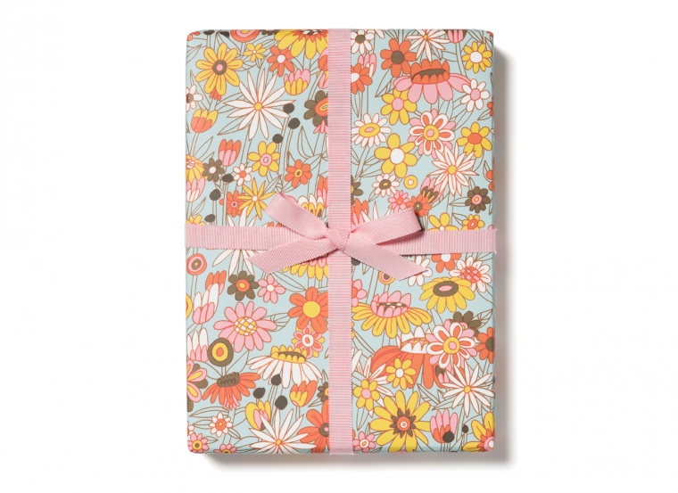 Floral wrap roll bundle with multi-color blossom print and satin bow ribbon
