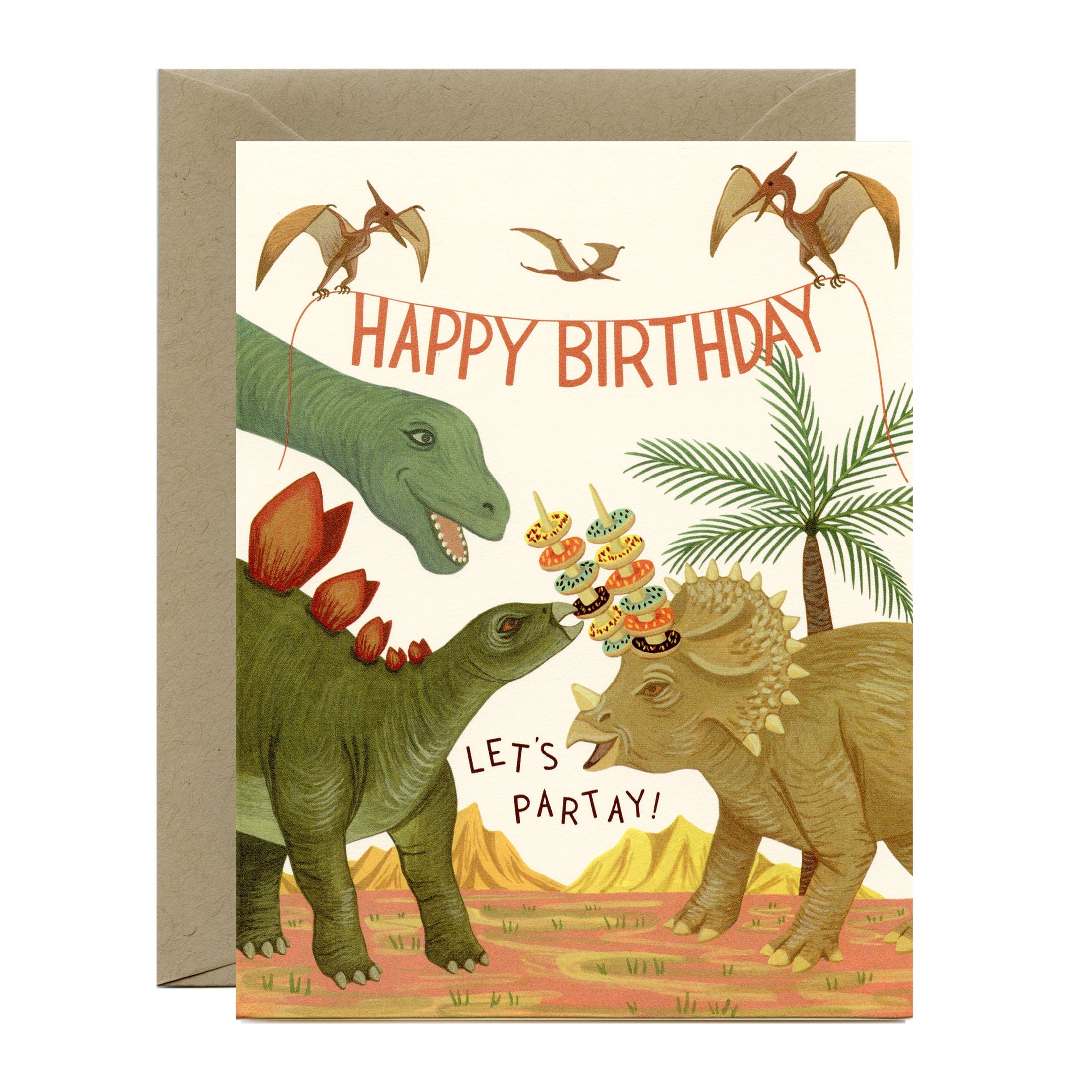 Dinosaur birthday greeting card, green and yellow dinos with 'Happy Birthday'.