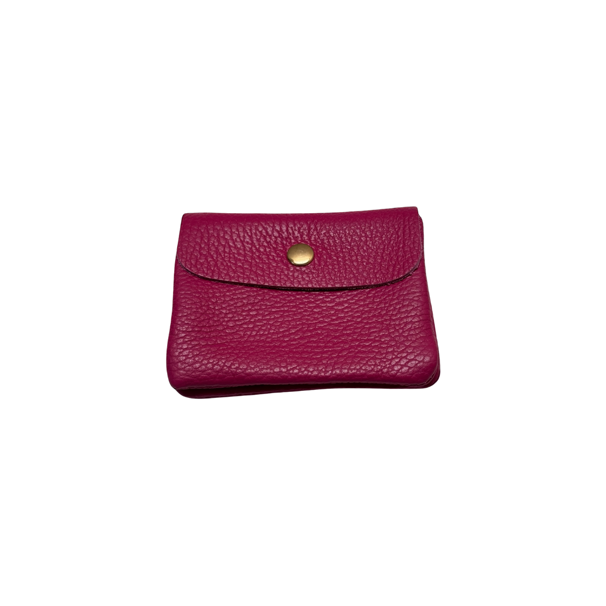 Magenta pebble-leather mini wallet with curved snap flap and gold-tone clasp