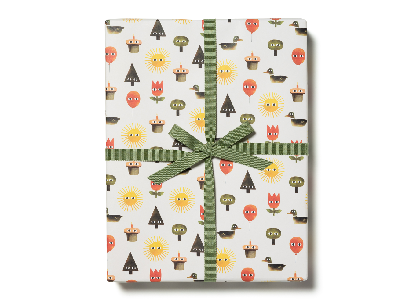 Colorful farm-animal patterned gift wrap roll with green bow tie