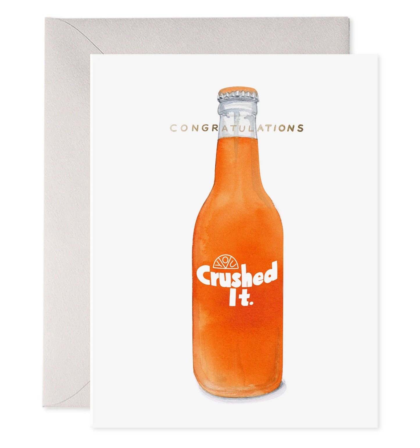 Greeting card with illustrated orange crushed soda bottle, congratulations text