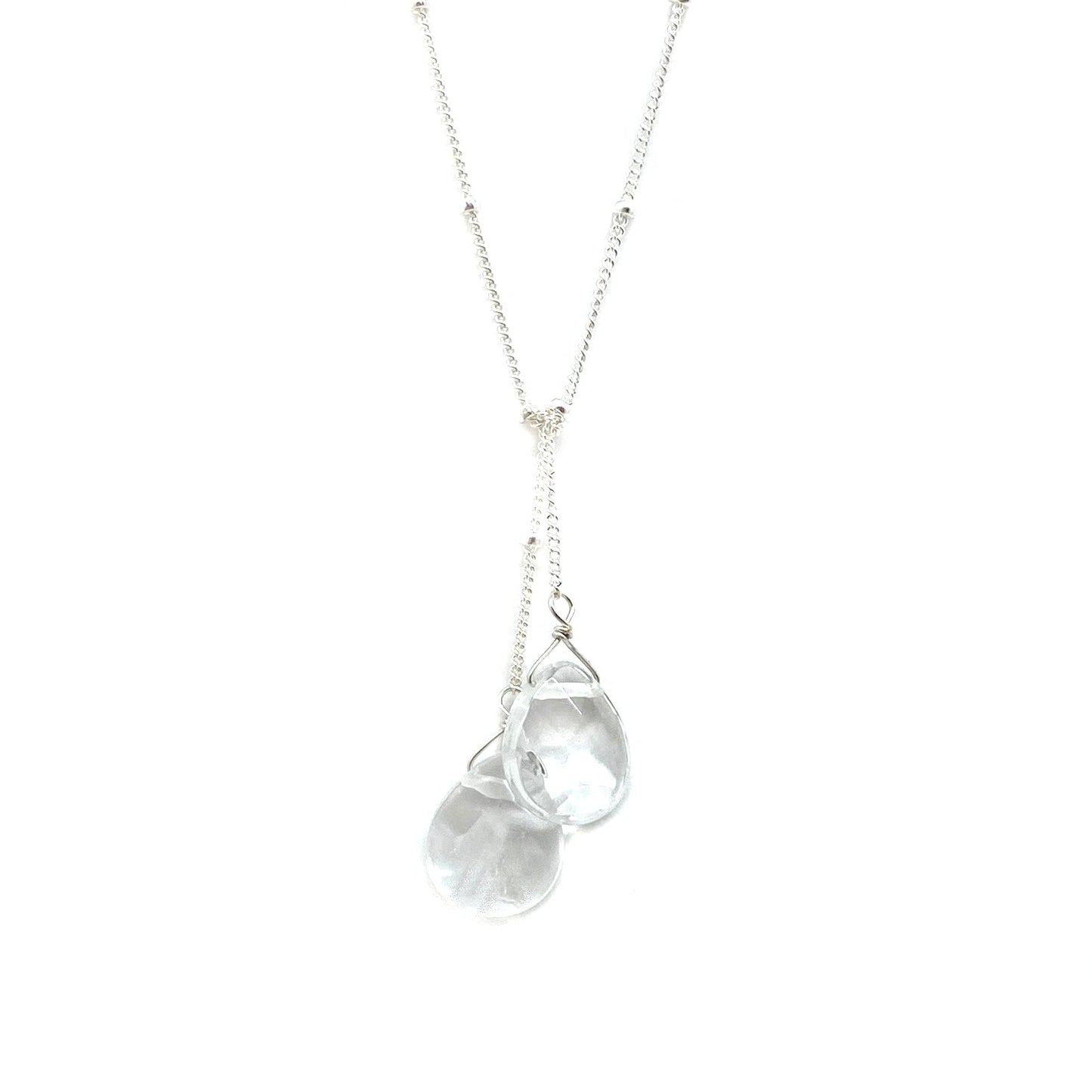 Sterling silver lariat necklace with two clear teardrop stones