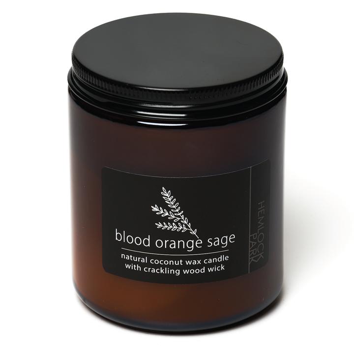 Coconut wax candle jar, blood orange sage scent, with crackling wood wick
