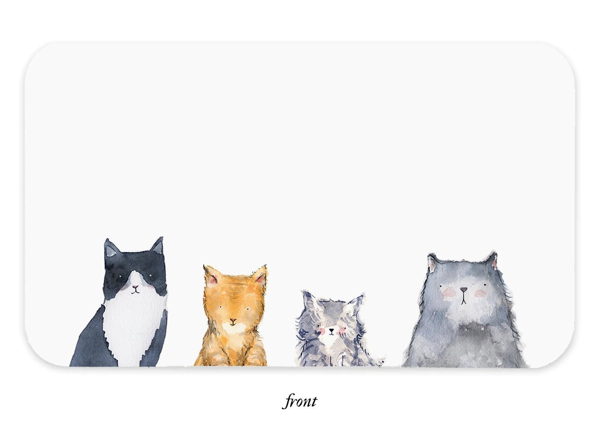 Rounded cat-illustrated note box front with four cat faces and white label