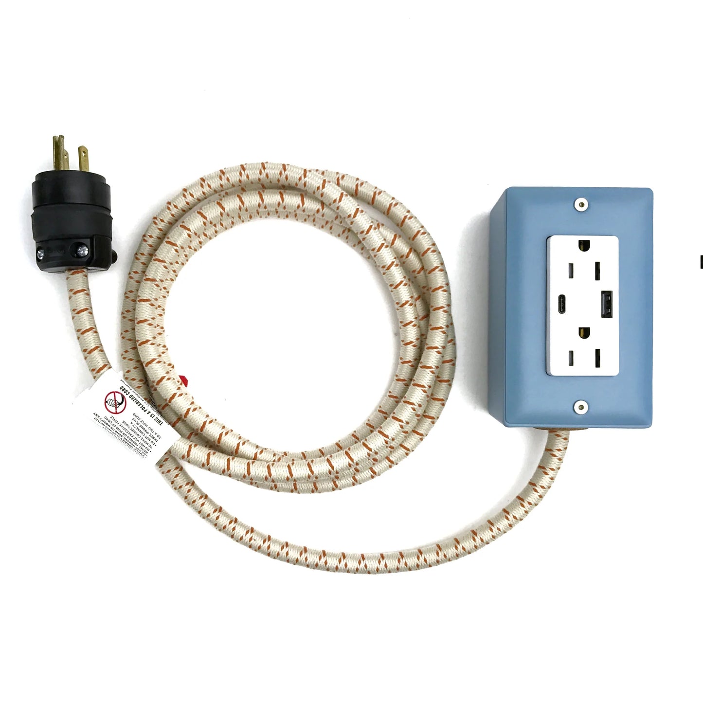 Dual outlet power cord set with beige patterned cable and blue outlet box