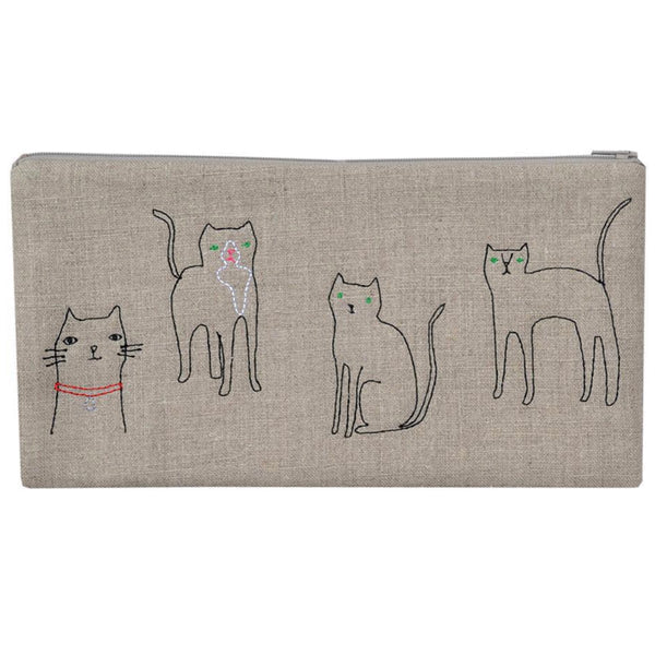 Small linen pouch with multiple cat line drawings, zip closure, light beige