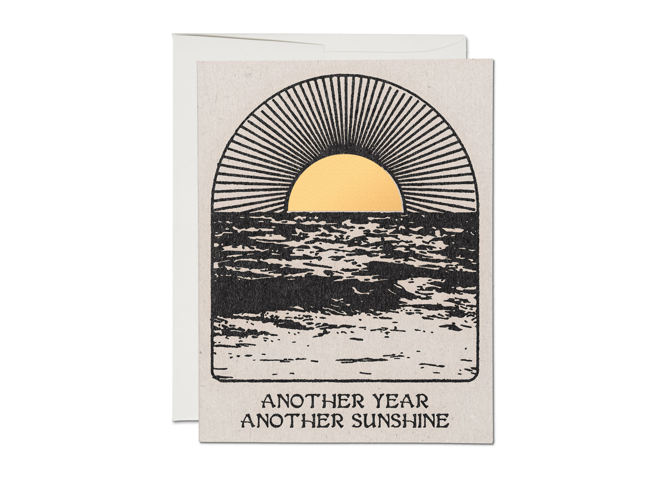 Foil birthday card with sunburst over ocean and 'Another Year Another Sunshine' text