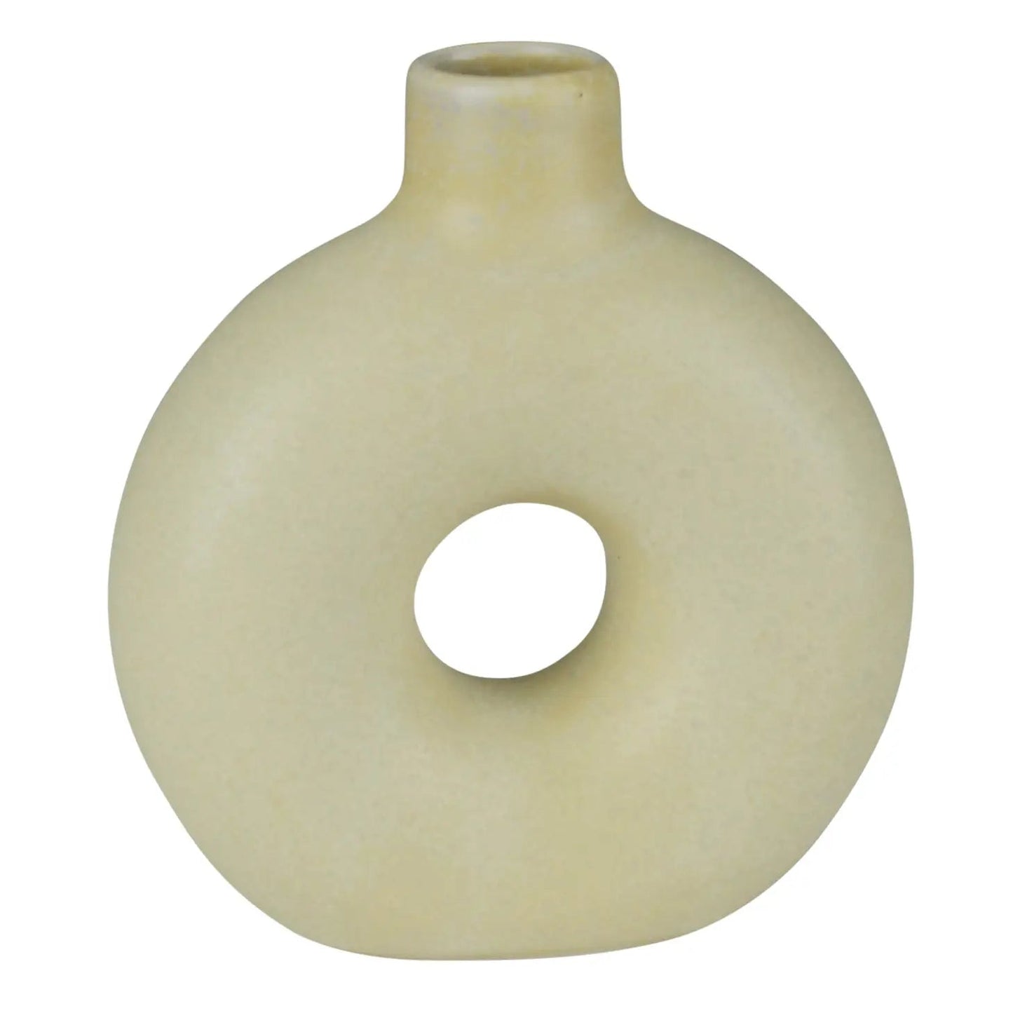 Orie ceramic vase in natural, round body with short neck and center cutout hole.