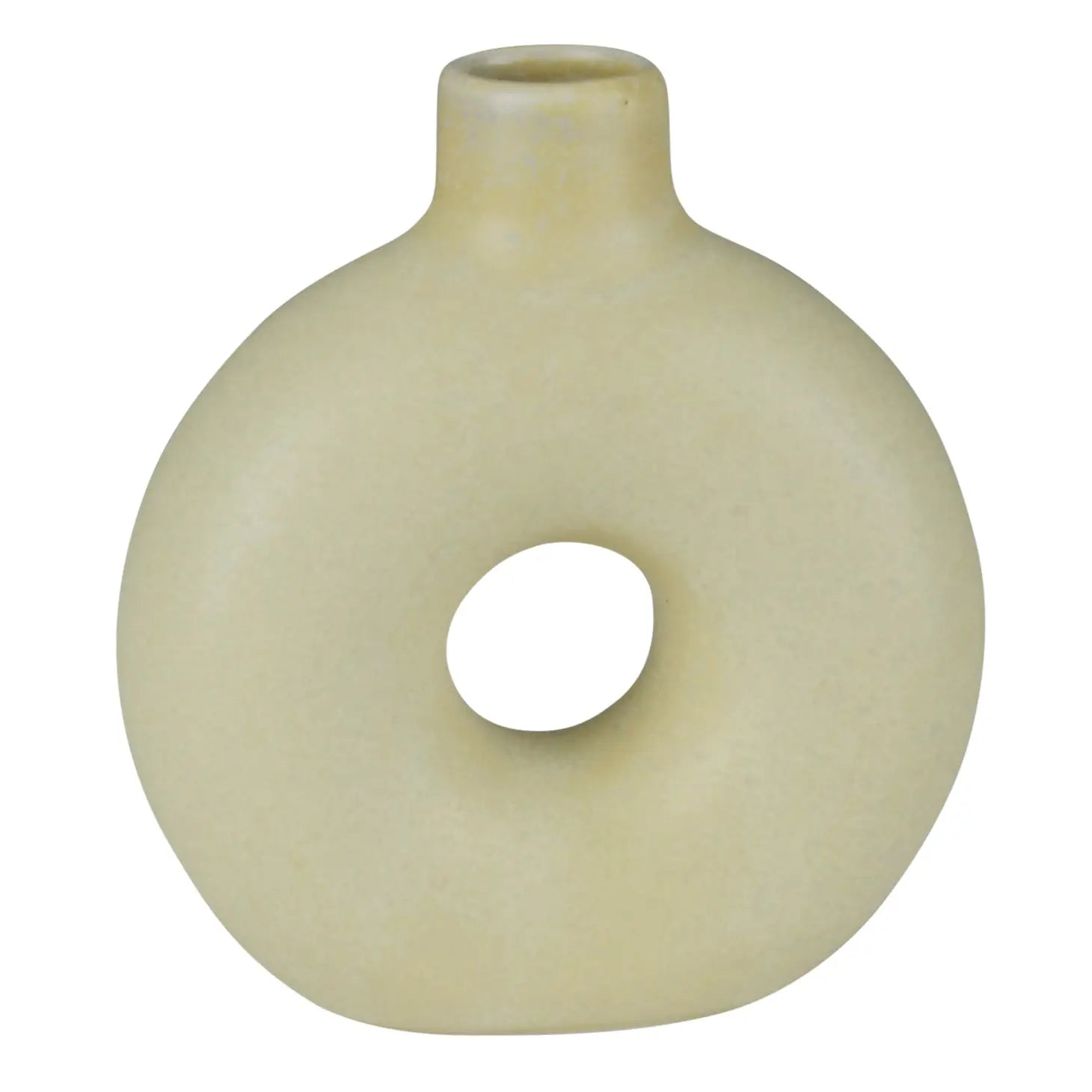 Orie ceramic vase in natural, round body with short neck and center cutout hole.