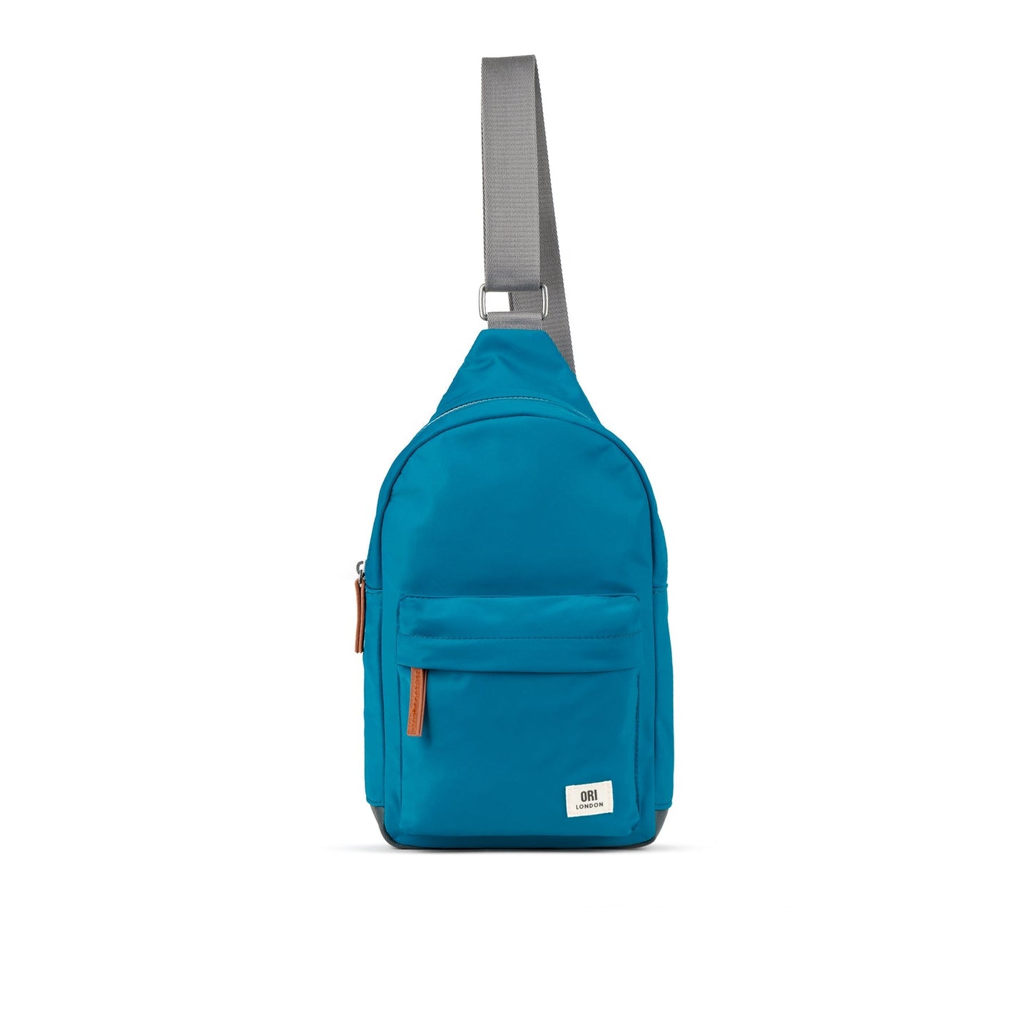 Blue recycled nylon sling bag with front pocket zipper and gray adjustable strap