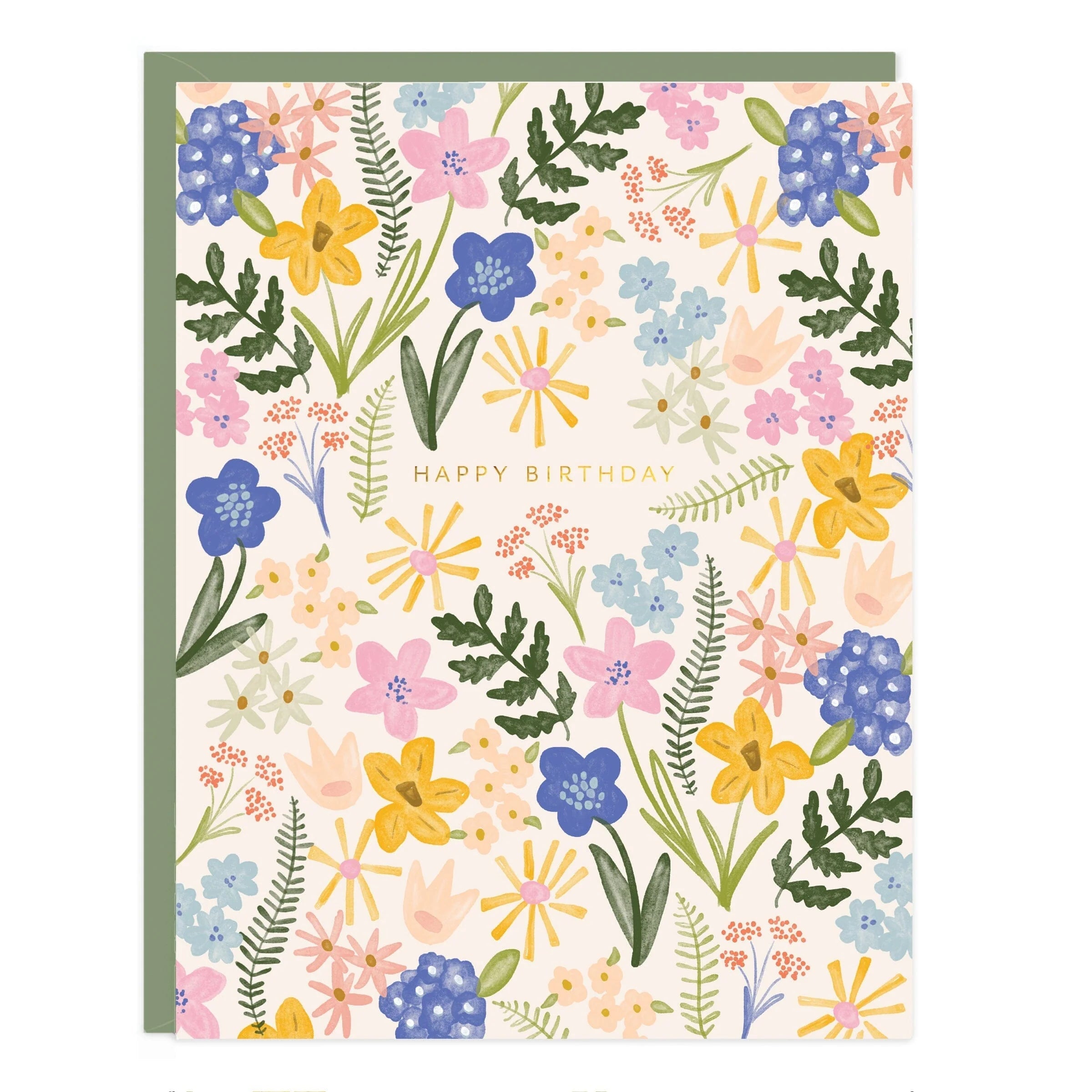 Floral birthday greeting card with “Happy Birthday” text, pastel flowers and butterflies