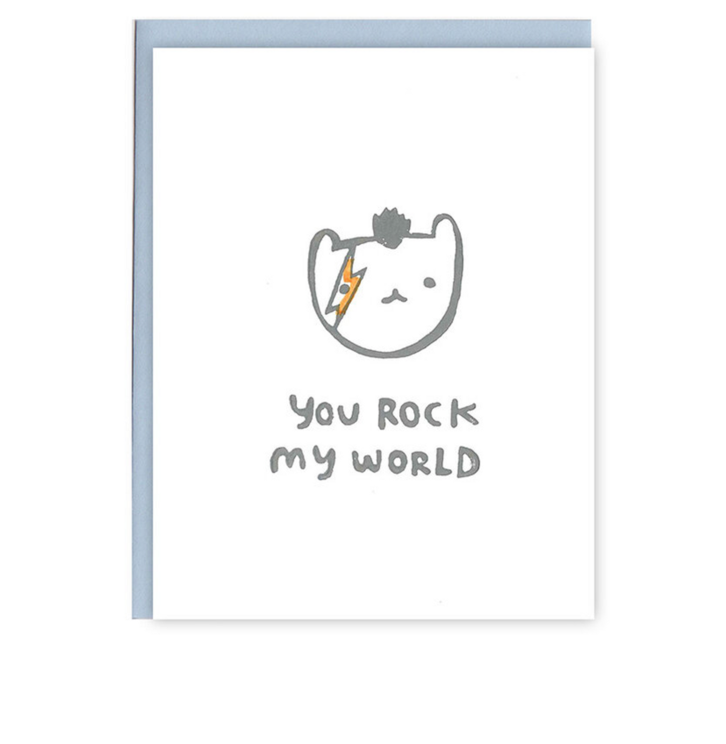 Greeting card with cartoon cat illustration and “YOU ROCK MY WORLD” text