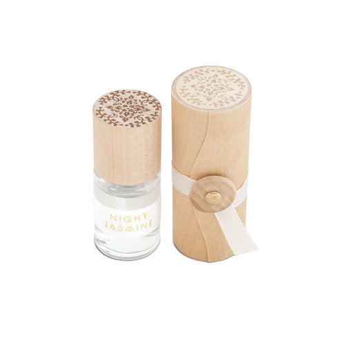 Night jasmine rollerball perfume bottle with carved wooden cap and clear glass base