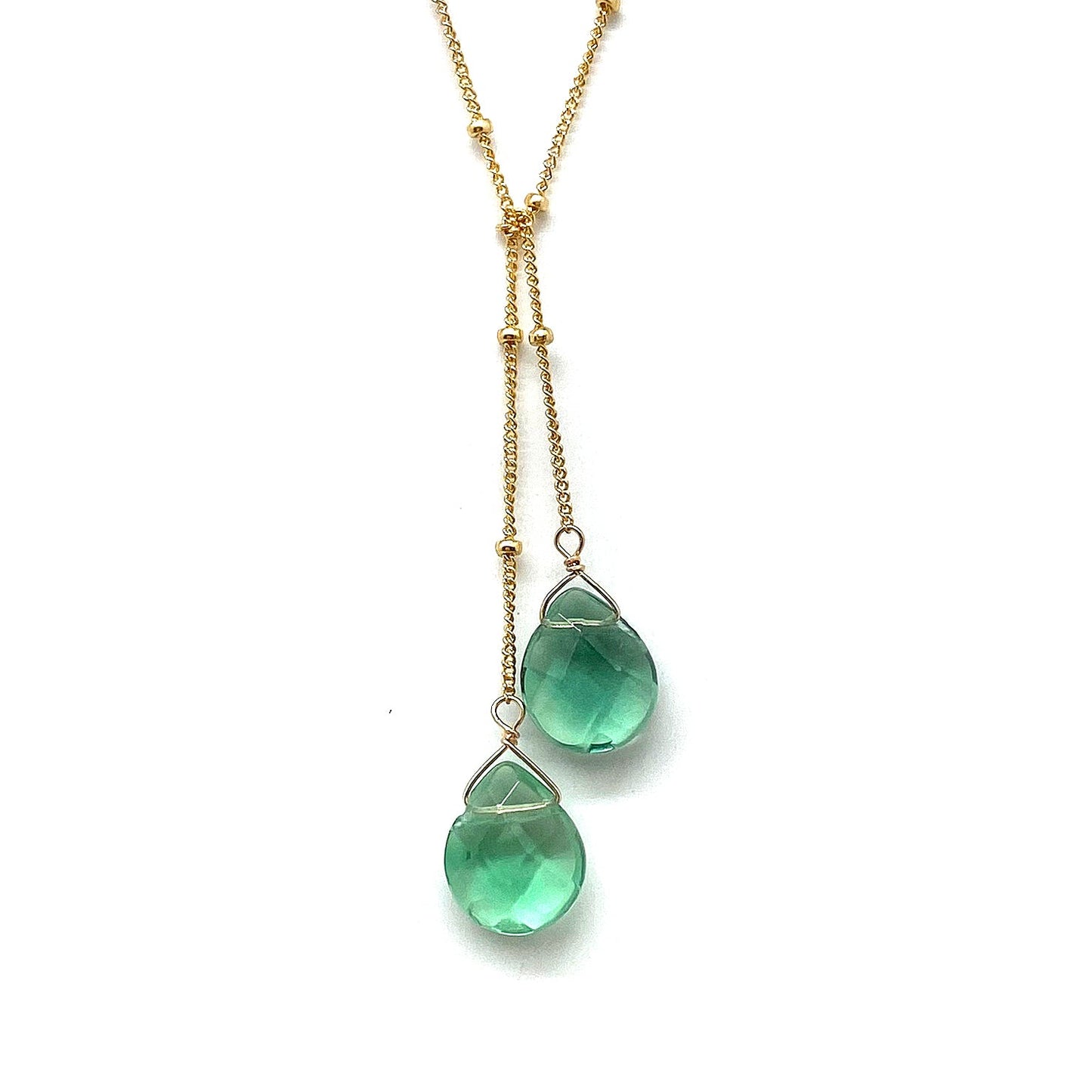 Gold-filled lariat necklace with two green teardrop stone drops
