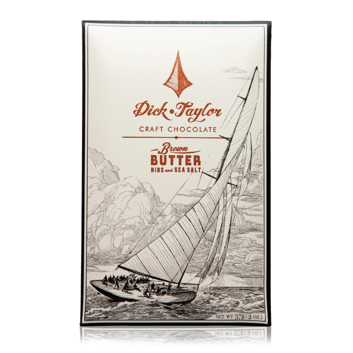 Dick Taylor craft chocolate box front, brown butter nibs & sea salt dark chocolate