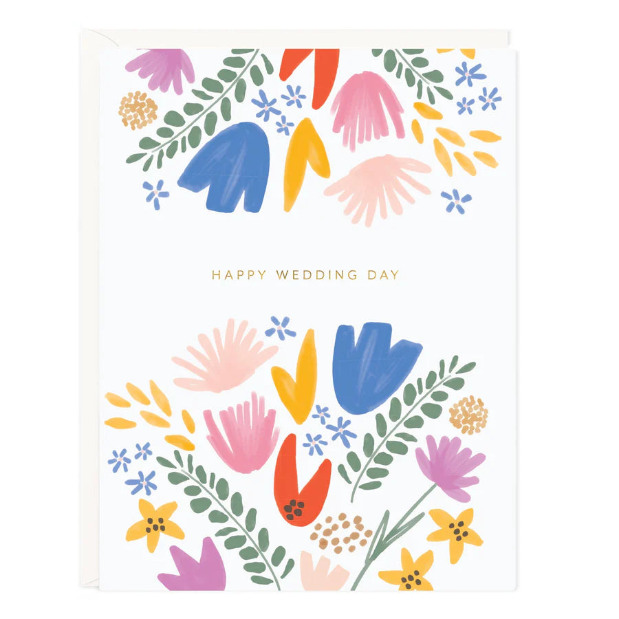 Colorful floral wedding day greeting card with "HAPPY WEDDING DAY" text