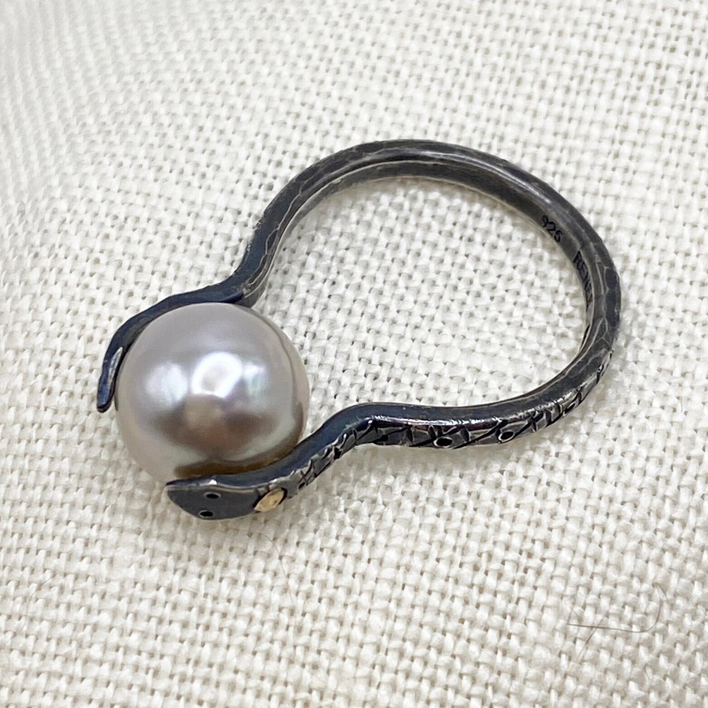 Sterling silver snake ring with Tahitian pearl, open band, textured scale detail
