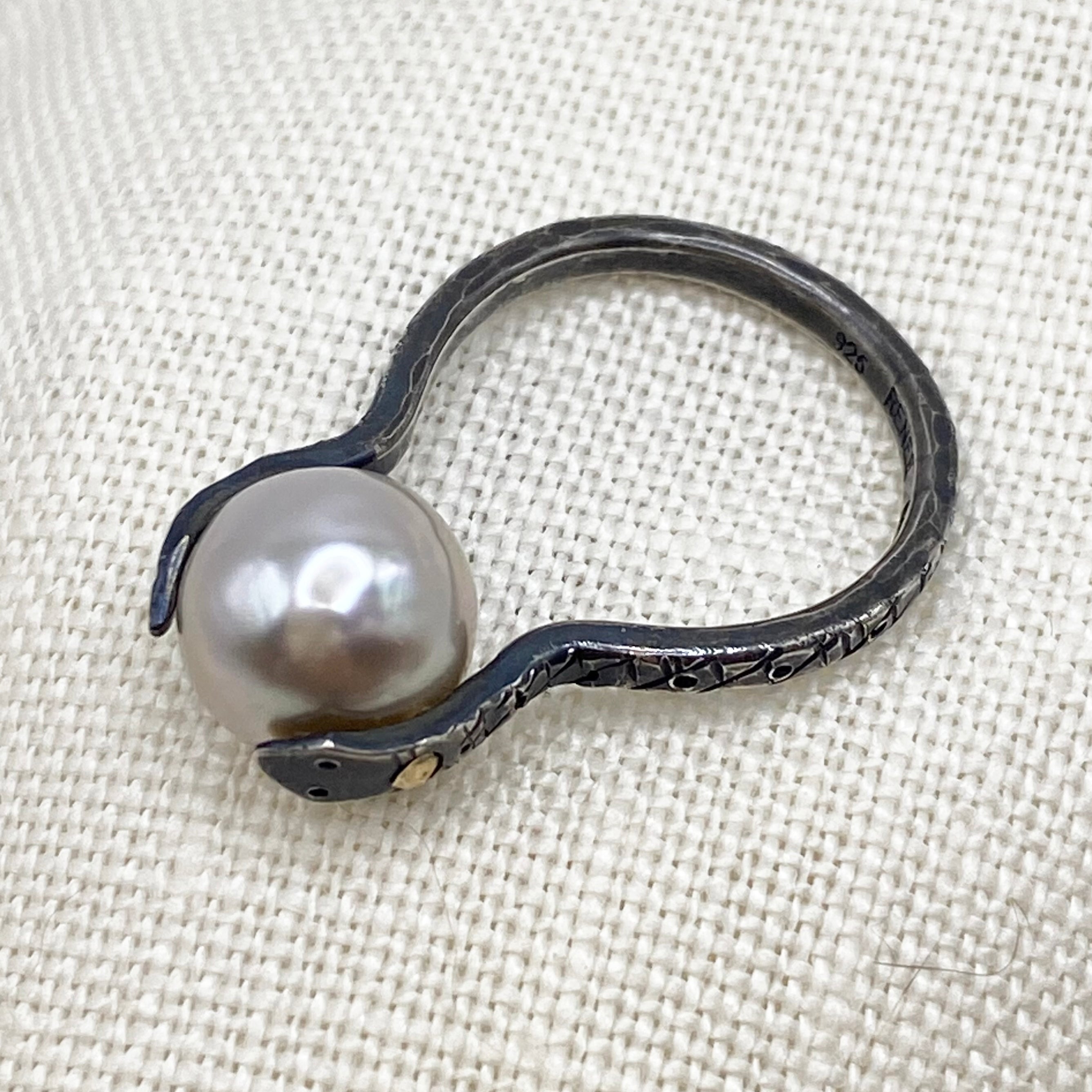 Sterling silver snake ring with Tahitian pearl, open band, textured scale detail