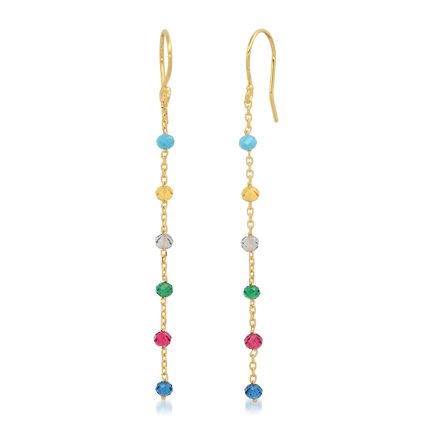 Gold-tone linear drop earrings with multicolored round stone beads