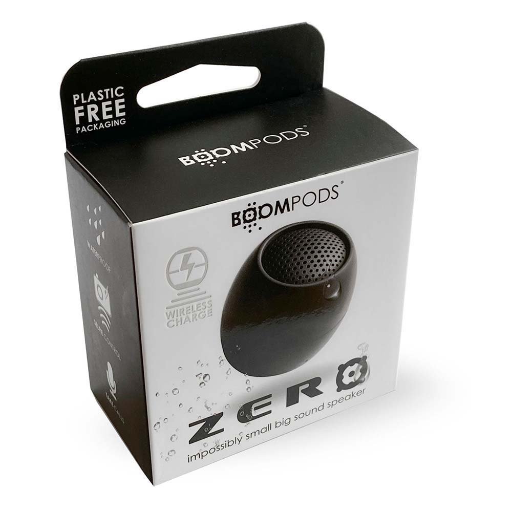 Mini wireless speaker shown on its retail box, black spherical speaker with grille