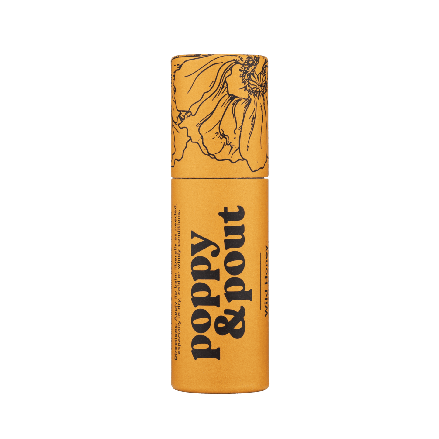 Wild honey lip balm tube, yellow barrel with floral illustration and black label text