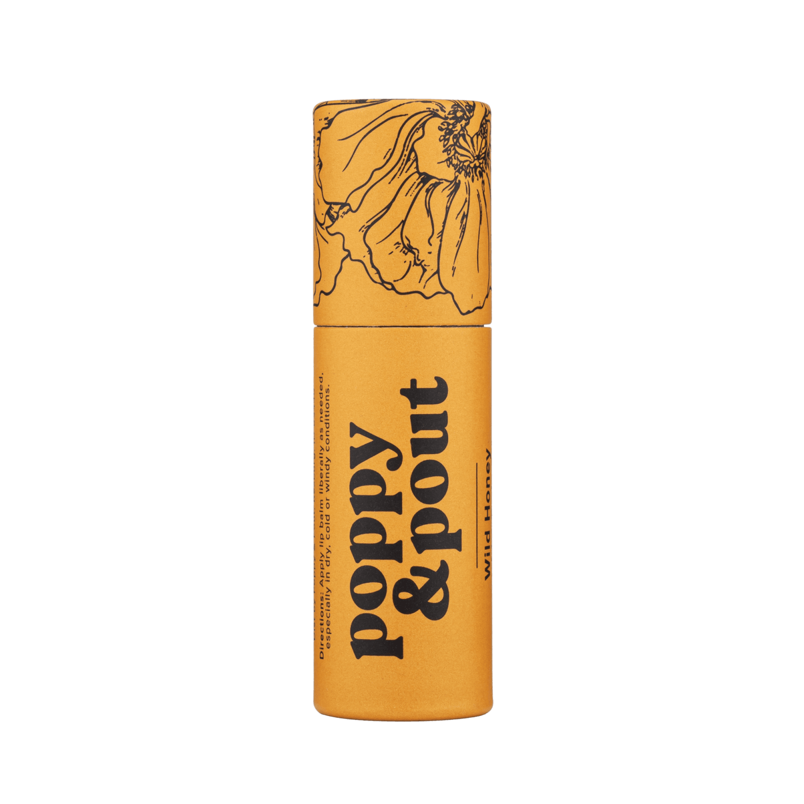Wild honey lip balm tube, yellow barrel with floral illustration and black label text