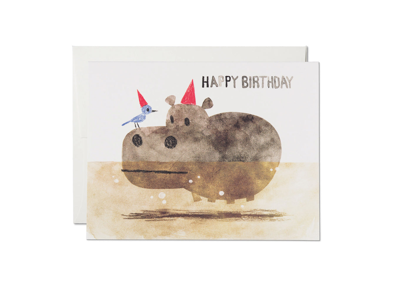 Birthday card with watercolor hippo and small bird, Happy Birthday text