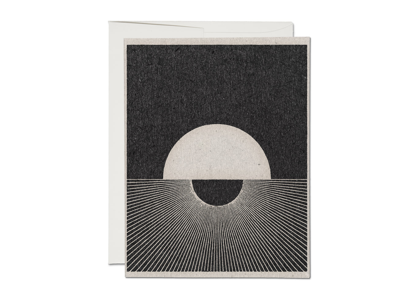 Everyday greeting card with dark cover, white sun shape, and striped rays graphic