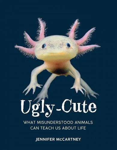 Ugly-Cute plush axolotl with pale body, blue eyes, and pink frilly fins