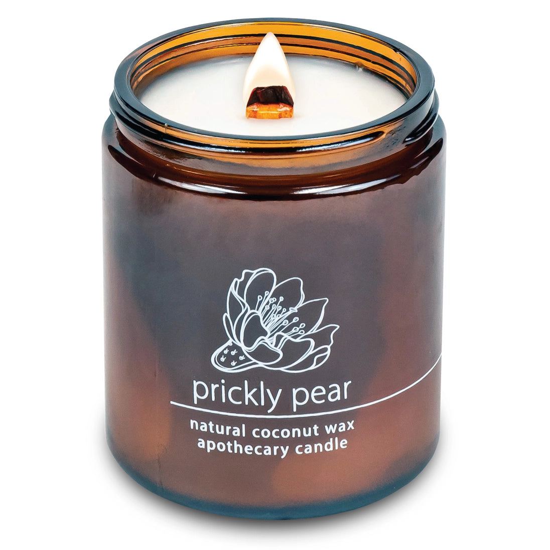 Organic coconut wax candle in amber jar, prickly pear label, wood wick