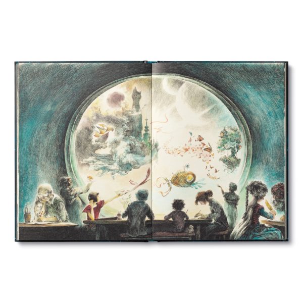 Hardcover book opened to fantasy illustration with a glowing globe and silhouettes