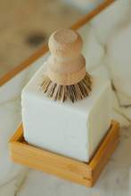 Bamboo soap dish with brush holder and slatted interior, fits soap bar