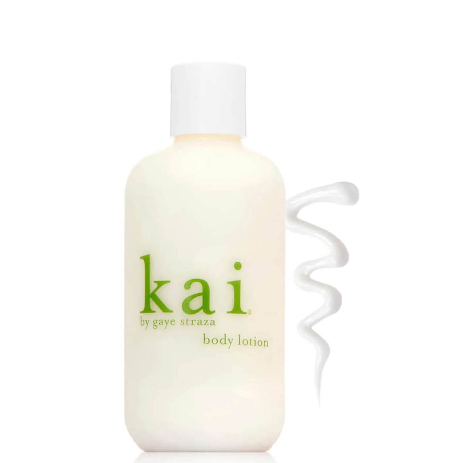 Kai body lotion bottle, 8 oz, white pump top with pale cream liquid