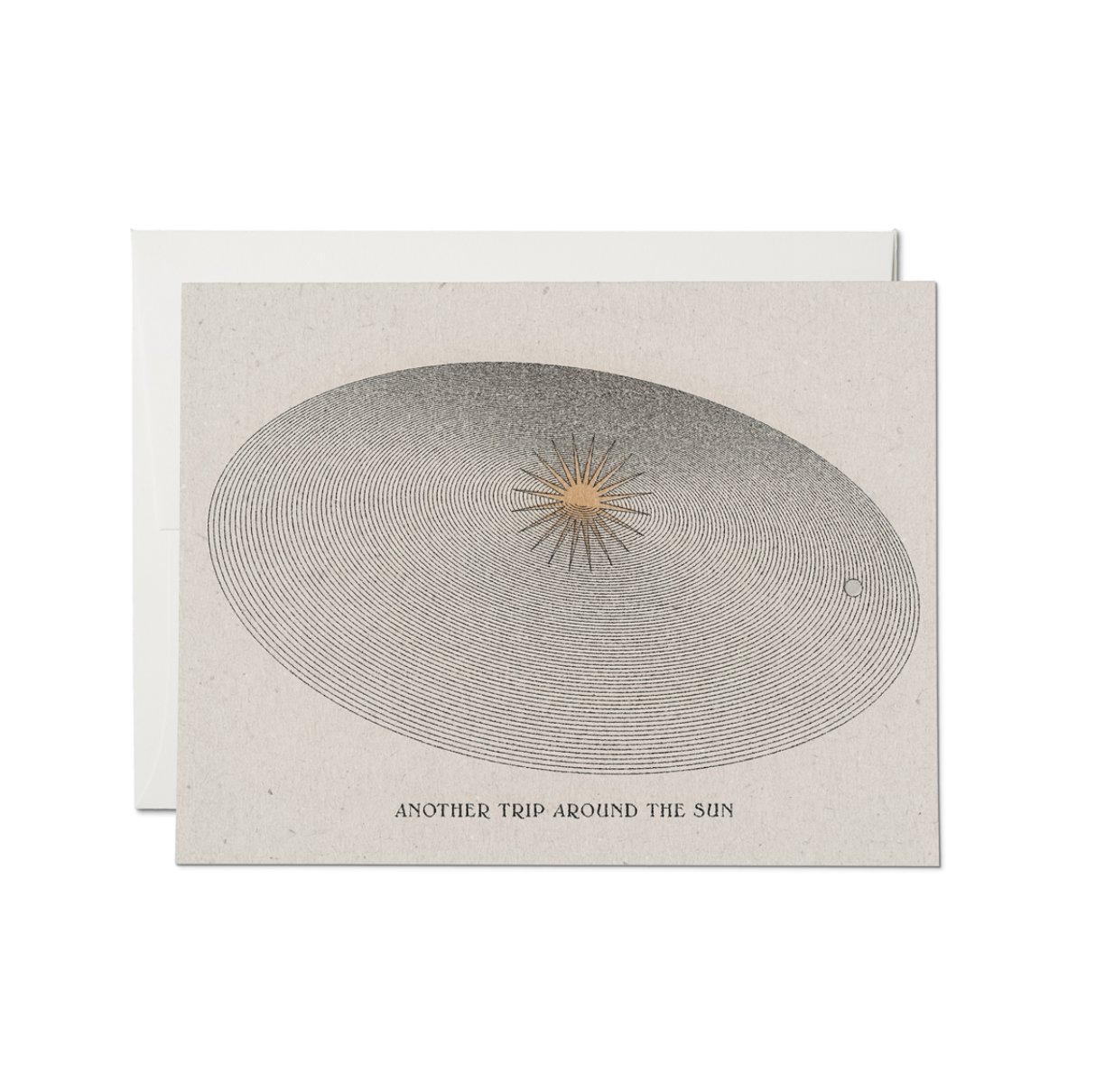 Birthday card with gray planet design, gold sun rays, and text "Another trip around the sun"