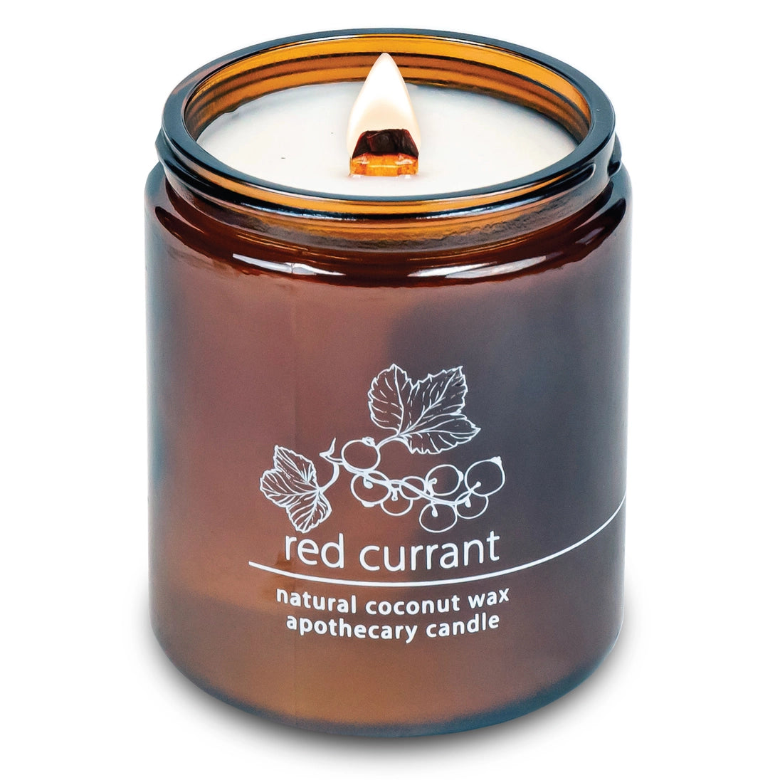Organic coconut wax candle in amber jar, red currant label, wood wick