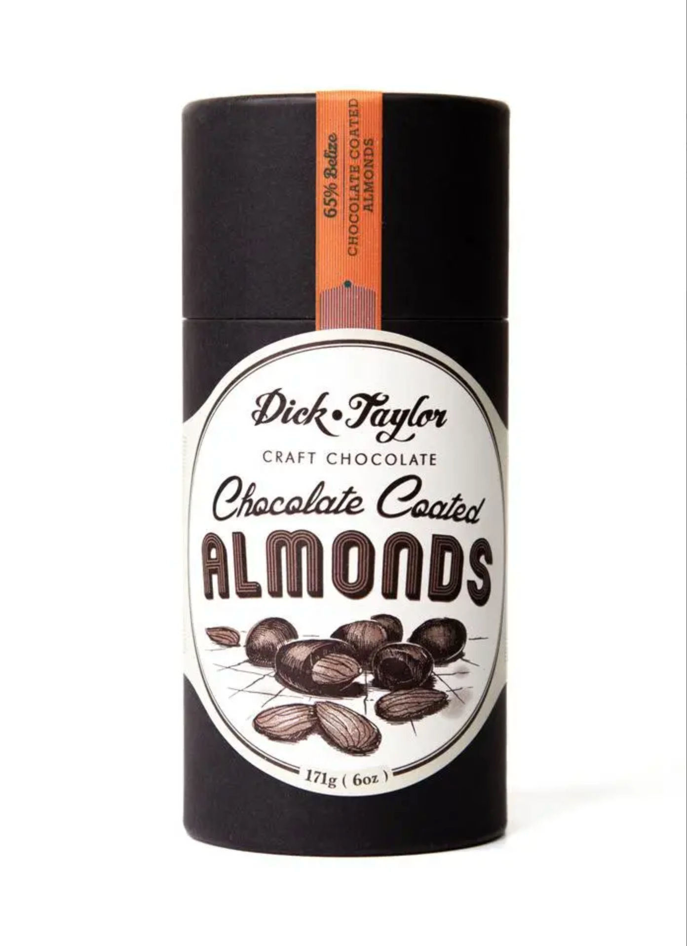 Dick Taylor craft chocolate coated almonds jar, dark coated almond label