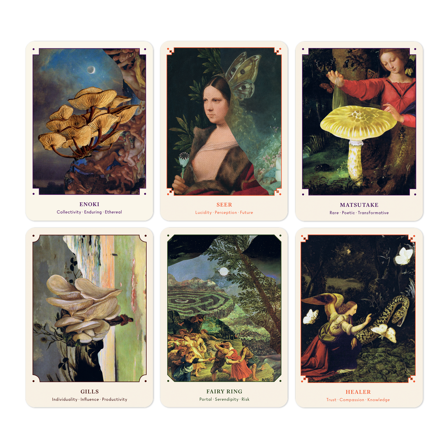 Oracle card deck with six mushroom-themed cards, white frames, and character portraits